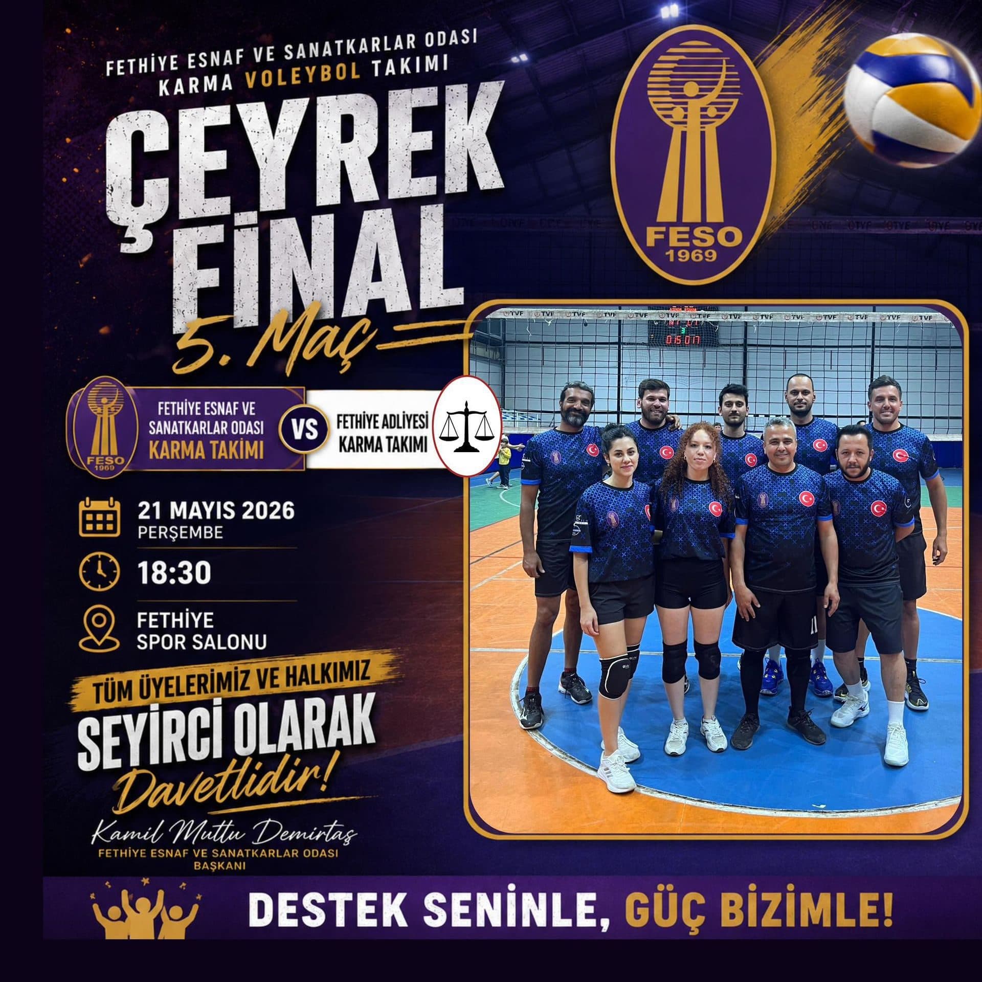 Fethiye Esnaf ve Sanatkarlar Odası Karma Voleybol Takımı 21 Mayıs 2026 Perşembe günü (Yarın) 18:30’da Çeyrek Finalde 5. Maçına Çıkıyor. - Galeri 1